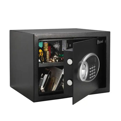Black safe with open door revealing items inside on a white background