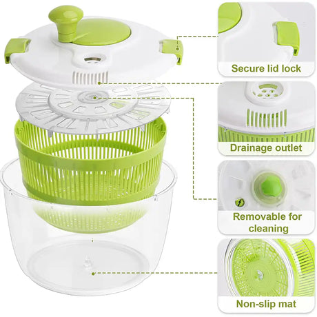 Green and white salad spinner with features highlighted on a white background