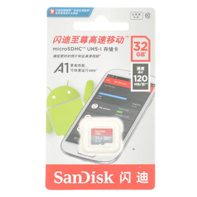 SanDisk microSDHC memory card packaging with smartphone and Android logo on a white background