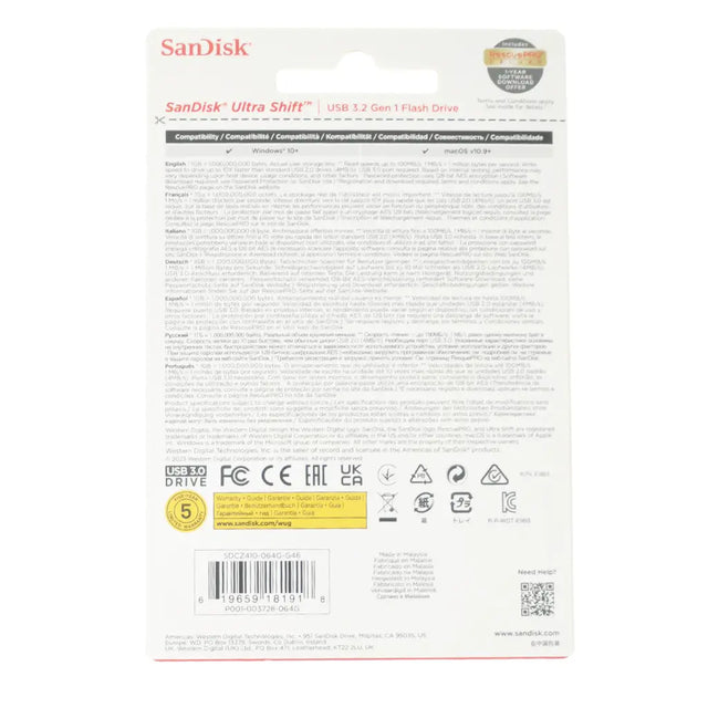 SanDisk Ultra Shift USB flash drive packaging on a white background