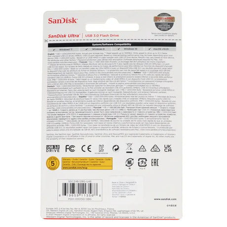 Back view of a SanDisk USB flash drive packaging with text and logos.