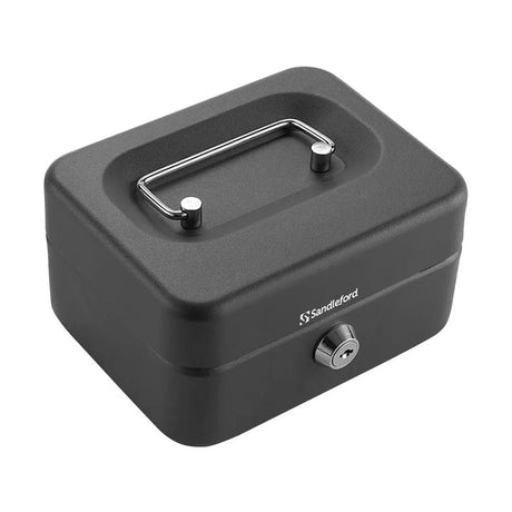 Black cash box with a lock on a white background, featuring the Sandeford brand.