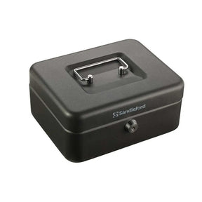 Black cash box with a handle and visible brand logo on a white background
