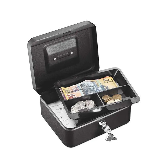 Black cash box with compartments for money on a white background