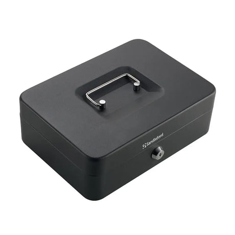 Black cash box with a lock on a white background