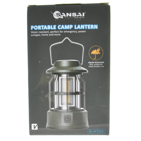 Sansai portable camp lantern packaging on a white background