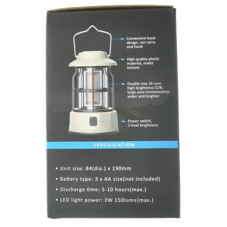 Product packaging with a lantern illustration and specifications on a black background