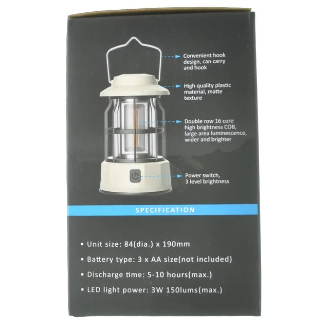 Product packaging with a lantern illustration and specifications on a black background