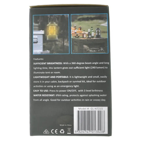 Back of a lantern packaging with features listed on a white background