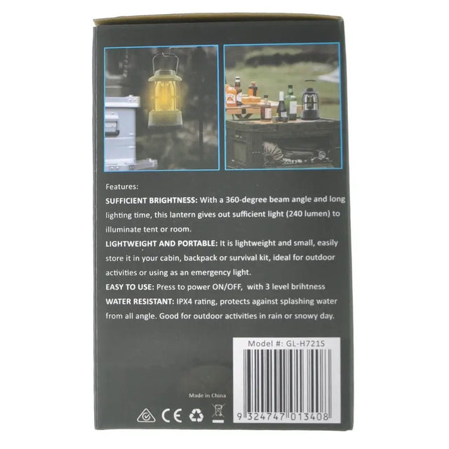 Back of a lantern packaging with features listed on a white background