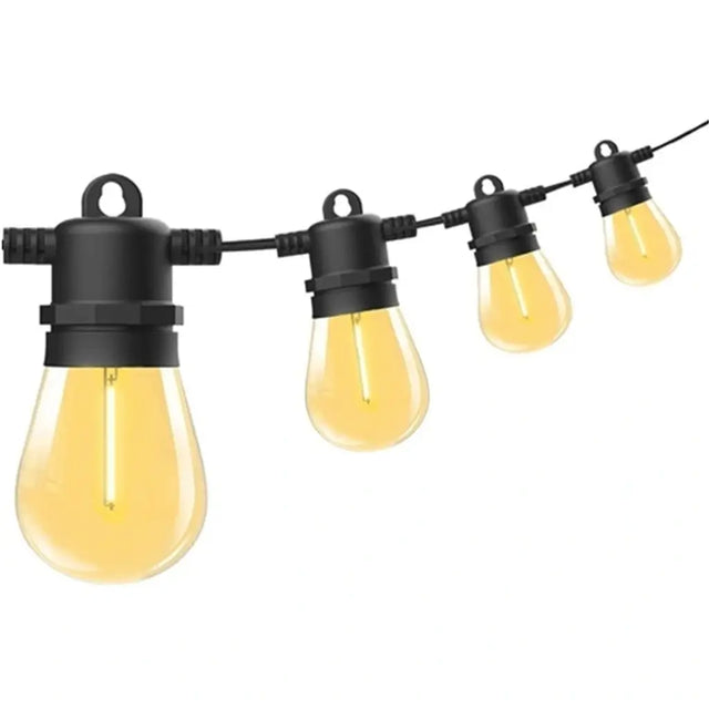 String of yellow light bulbs with black holders on a white background