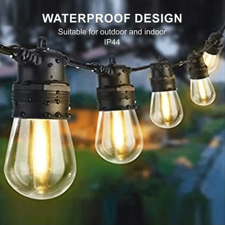 String of outdoor lights with waterproof design suitable for indoor and outdoor use.