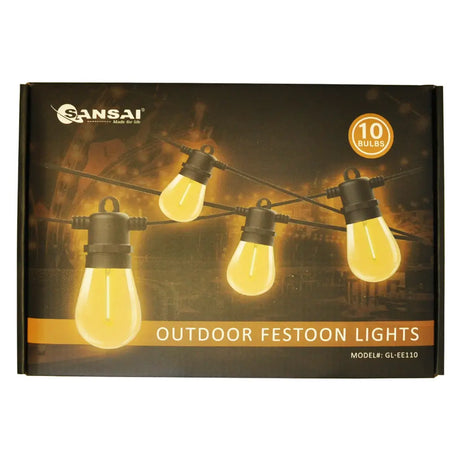 GANSAI outdoor festoon lights packaging with four lit bulbs on a dark background