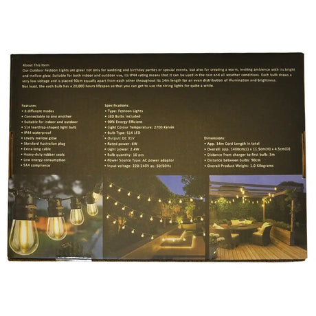 Product packaging with text and images of outdoor lighting setup