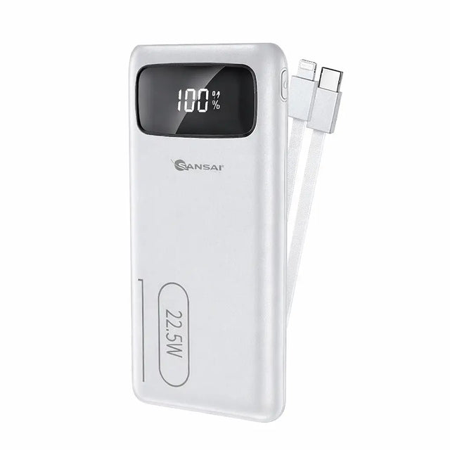 White power bank with digital display and USB-C port on a white background