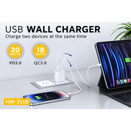 Sansai HW-311B wall charger shown charging a phone and tablet, with PD3.0 20W and QC3.0 18W port ratings