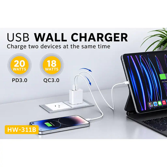 Sansai HW-311B wall charger shown charging a phone and tablet, with PD3.0 20W and QC3.0 18W port ratings