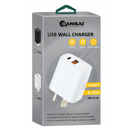 Sansai HW-311B USB wall charger retail box showing USB-C and USB-A ports and charging ratings