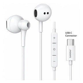 Sansai white USB-C wired earbuds with inline microphone and volume controls