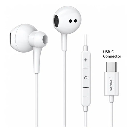 Sansai white USB-C wired earbuds with inline microphone and volume controls