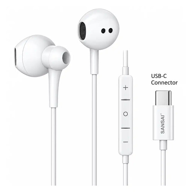 Sansai white USB-C wired earbuds with inline microphone and volume controls
