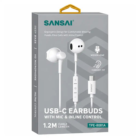 Sansai TPE-8081A USB-C earbuds retail box showing microphone, inline controls and 1.2m cable