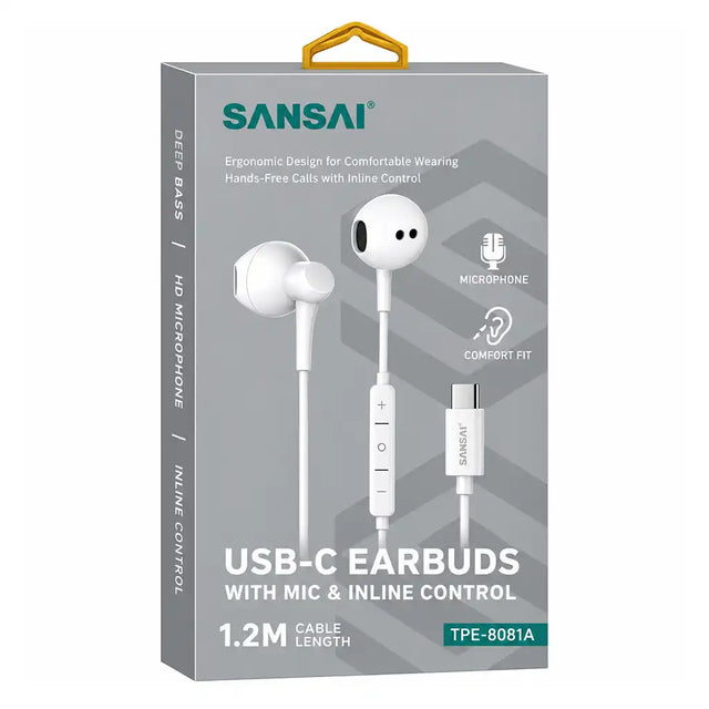 Sansai TPE-8081A USB-C earbuds retail box showing microphone, inline controls and 1.2m cable