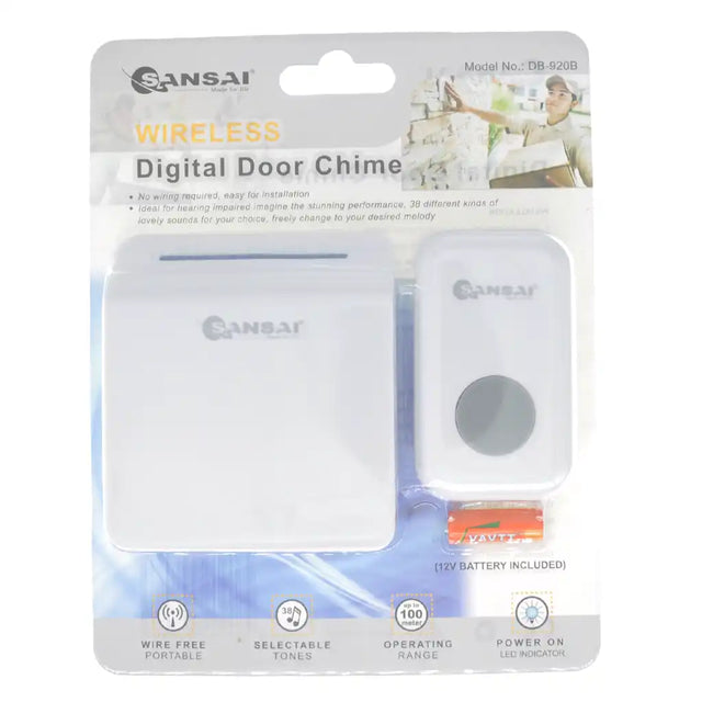 Sansai wireless digital door chime packaging on a white background