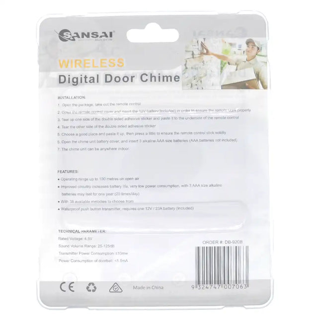Packaging of Ansaic wireless digital door chime with text and images on a white background