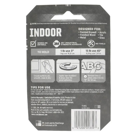 Back of a packaging label for 3M indoor adhesive with text and graphics.