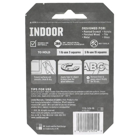 Back of a packaging label for indoor use with adhesive information and 3M branding.