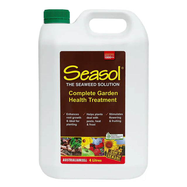 Seasol garden health treatment container with label on a white background