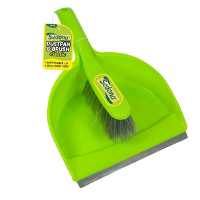 Green dustpan and brush set with Sedona branding on a white background