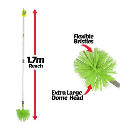 Green duster with flexible bristles and extra large dome head, labeled with features on a white background.