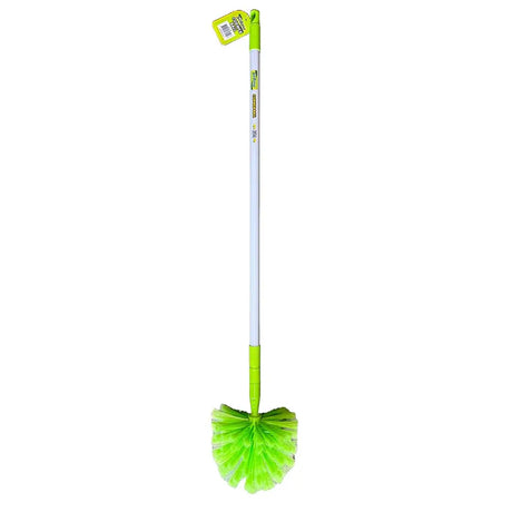 Green broom with a white handle on a white background