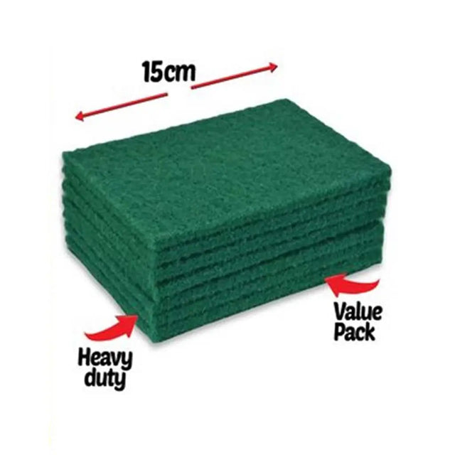 Stack of green cleaning sponges with dimensions and text indicating 'Heavy Duty' and 'Value Pack' on a white background.
