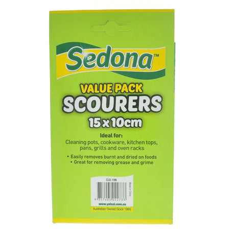 Sedona scourers packaging with green and yellow design on a white background