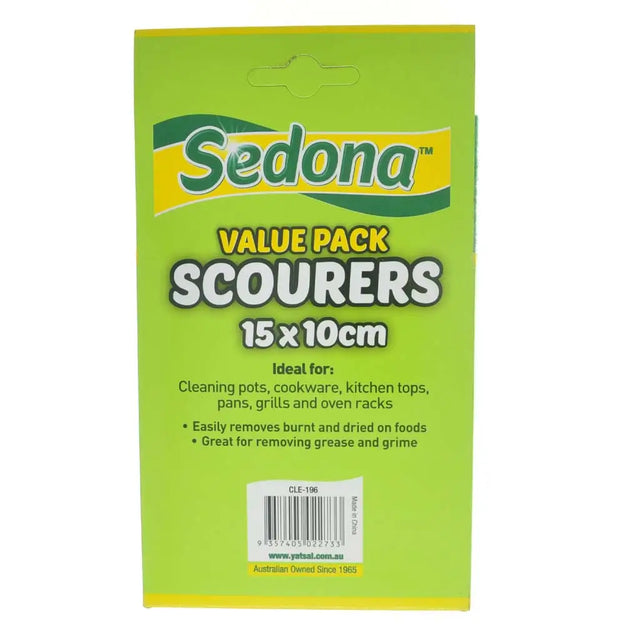 Sedona scourers packaging with green and yellow design on a white background