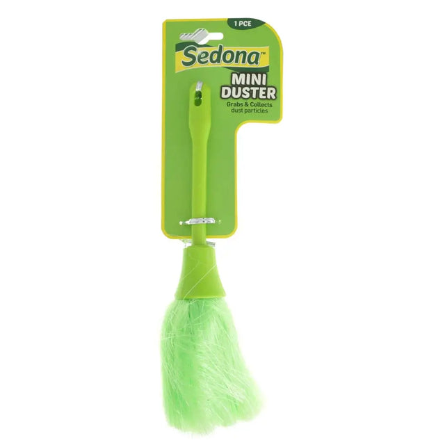 Green mini duster with Sedona branding on a white background
