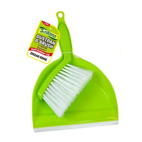 Green Sedona mini dustpan and brush set with white zigzag bristles and rubber lip