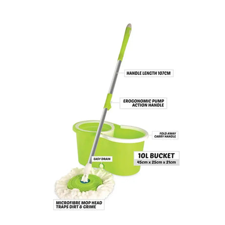 Green mop and bucket set with features highlighted on a white background