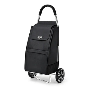 Black shopping cart with wheels on a white background