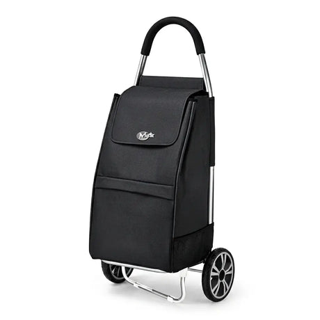 Black shopping cart with wheels on a white background