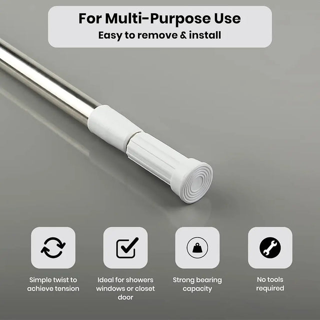 Curtain rod with white end cap on a gray background, featuring text and icons about its features.