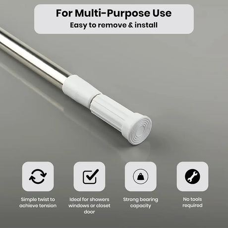 Curtain rod with white end cap on a gray background, featuring text and icons about its features.