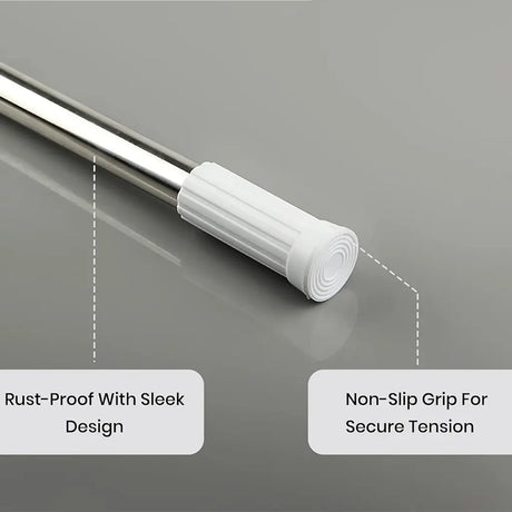Curtain rod with white end cap on a gray background, labeled 'Rust-Proof With Sleek Design' and 'Non-Slip Grip For Secure Tension'.