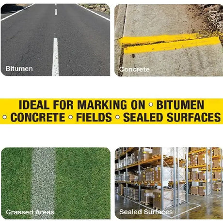 Collage of road surfaces with text indicating suitability for marking on various surfaces.