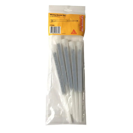 Packaged set of mixing nozzles with a visible brand label on a white background