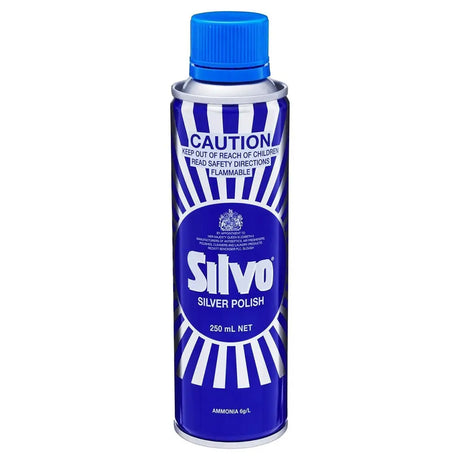 Silvo silver polish can with blue cap and label on a white background