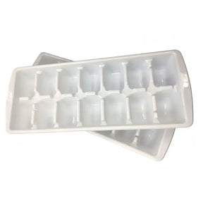 Two white plastic ice cube trays with rounded corners, one partially stacked on top of the other, shown against a plain white background.
